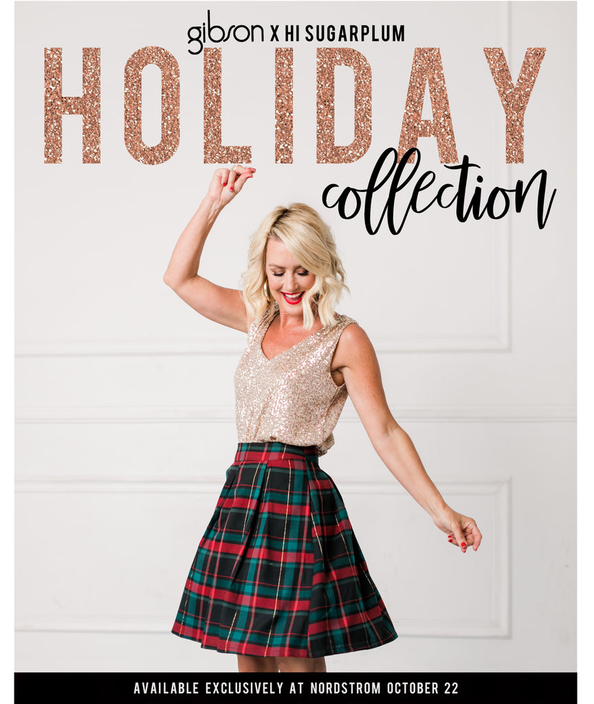  Beautiful, blonde woman staring down as she poses in a sequin top and holiday plaid skirt with a text overlay on top of the image