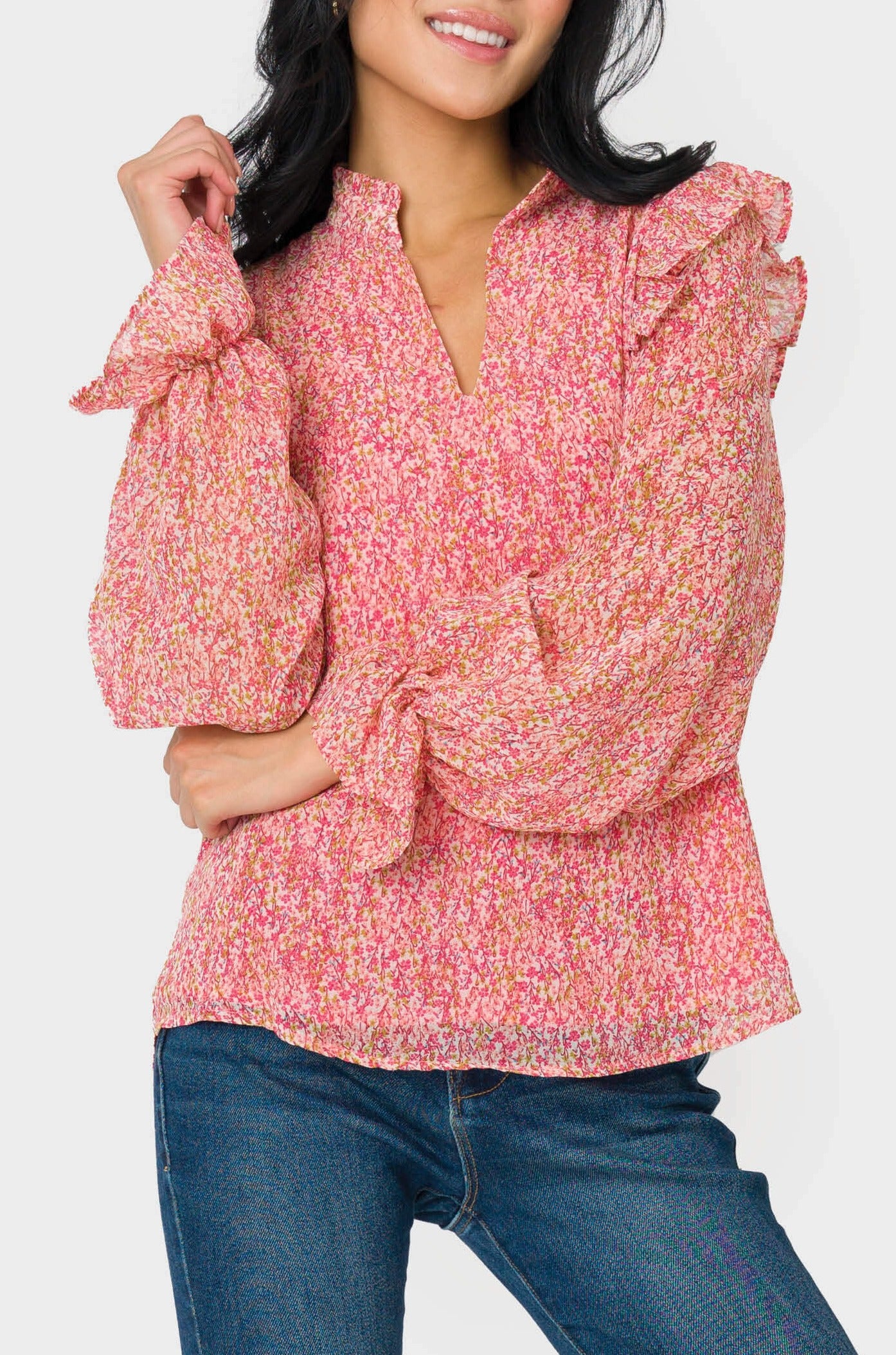 Long Sleeve Ruffle Trim V-Neck Blouse - Pink Mini Floral Print M