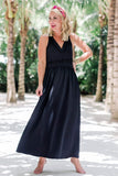 Front of Woman wearing Black Isla Evening Maxi Dress