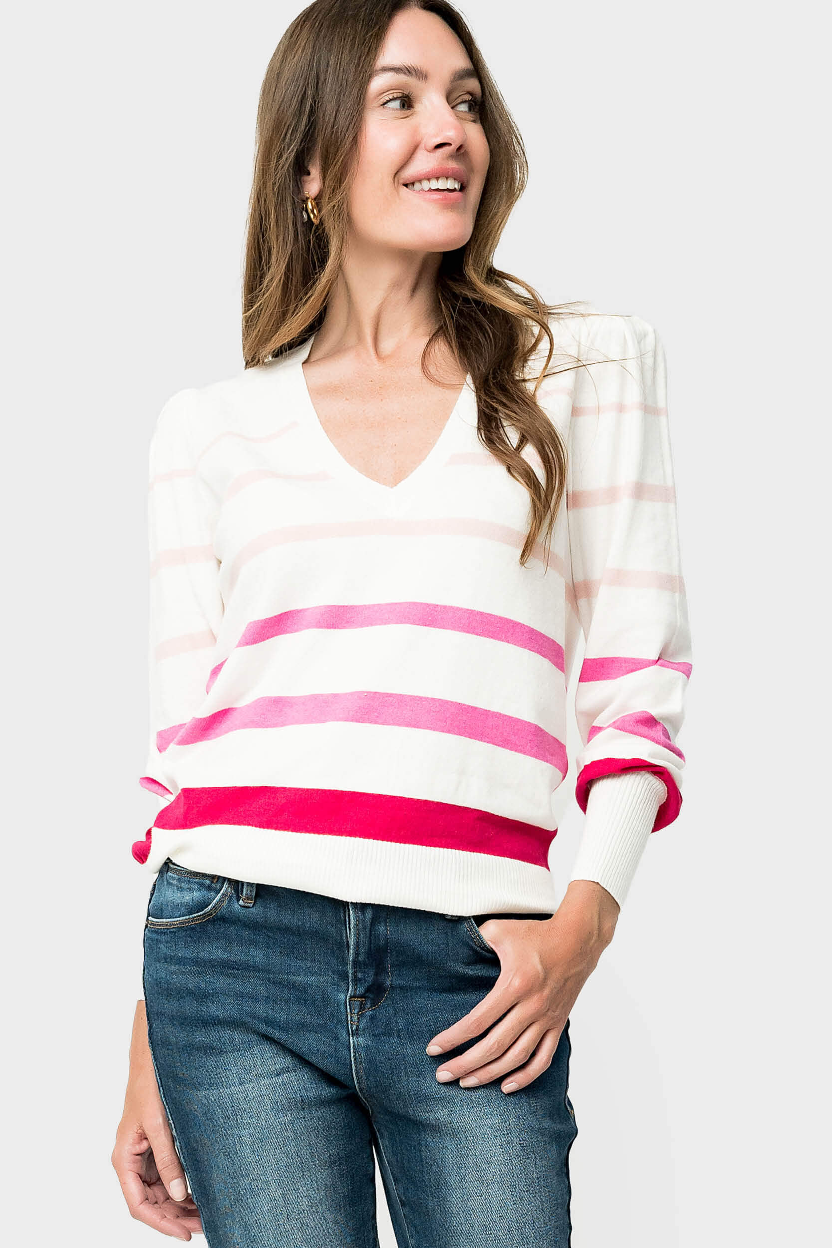 Cupid Striped Blouson Sleeve Sweater - Gradient Pink Stripe S