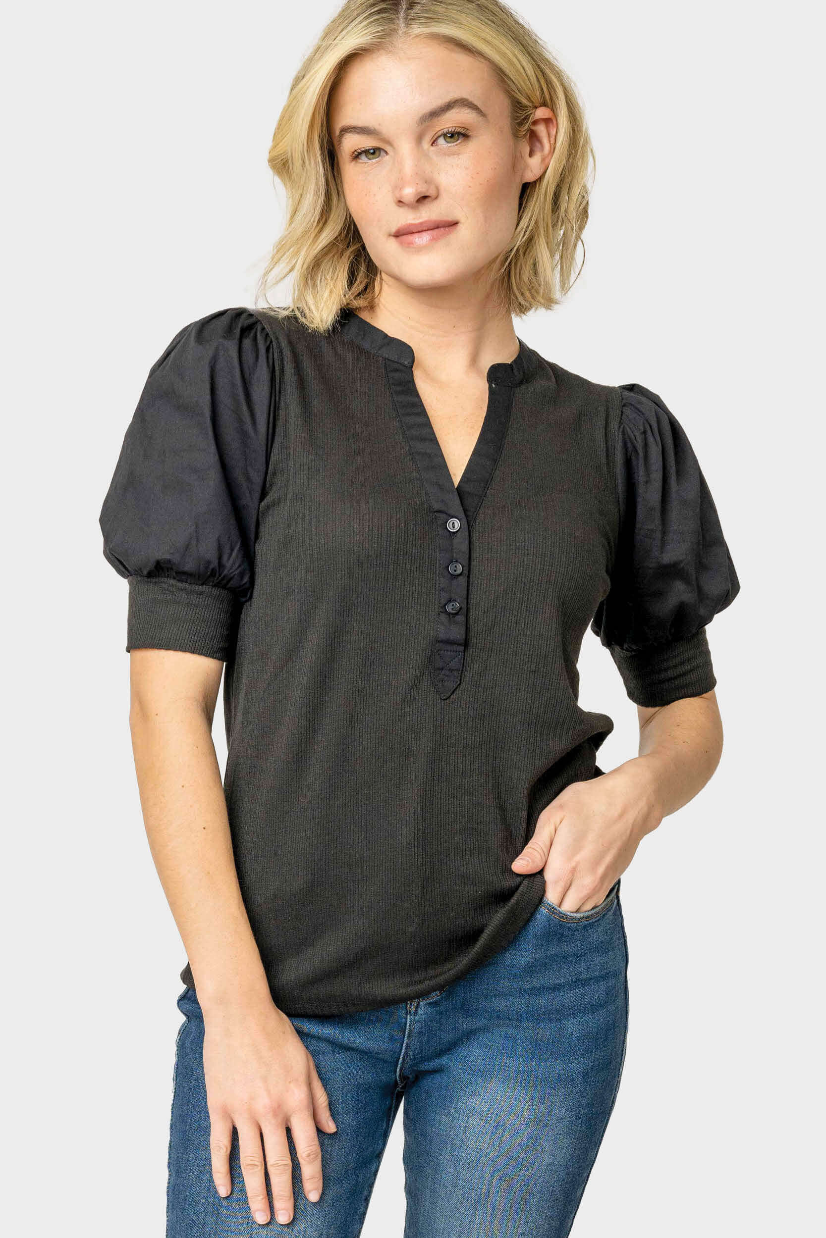 Mixed Media Henley Top with Puff Sleeve - Black S