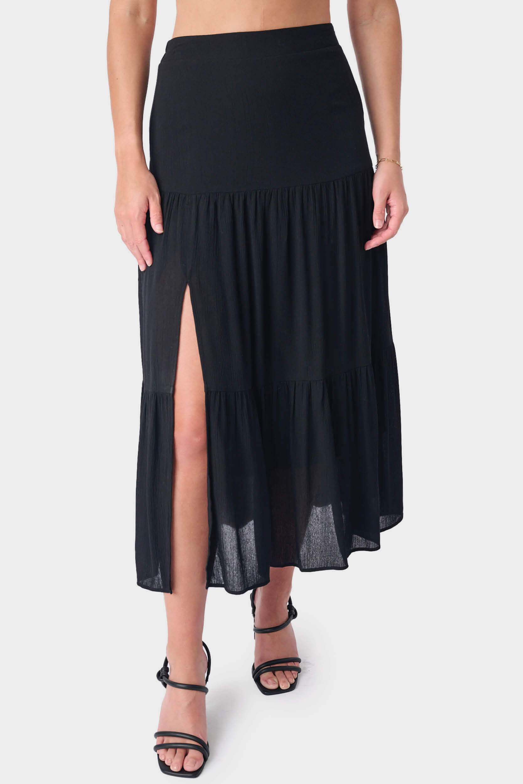 Tiered Maxi Skirt With Offset Front Slit - Black S