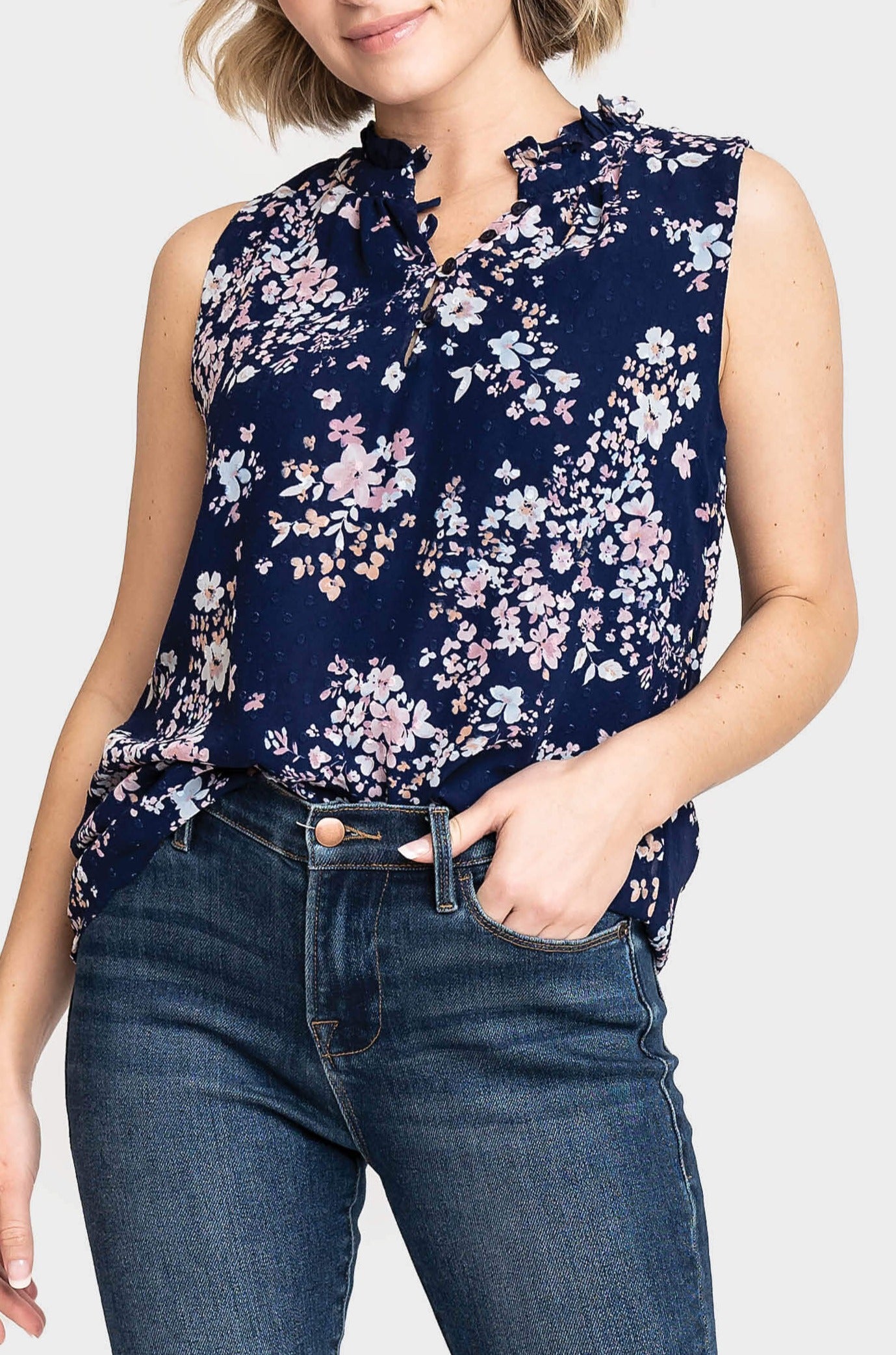 Respect the Ruffle Sleeveless Blouse - Navy Bouquet Floral S