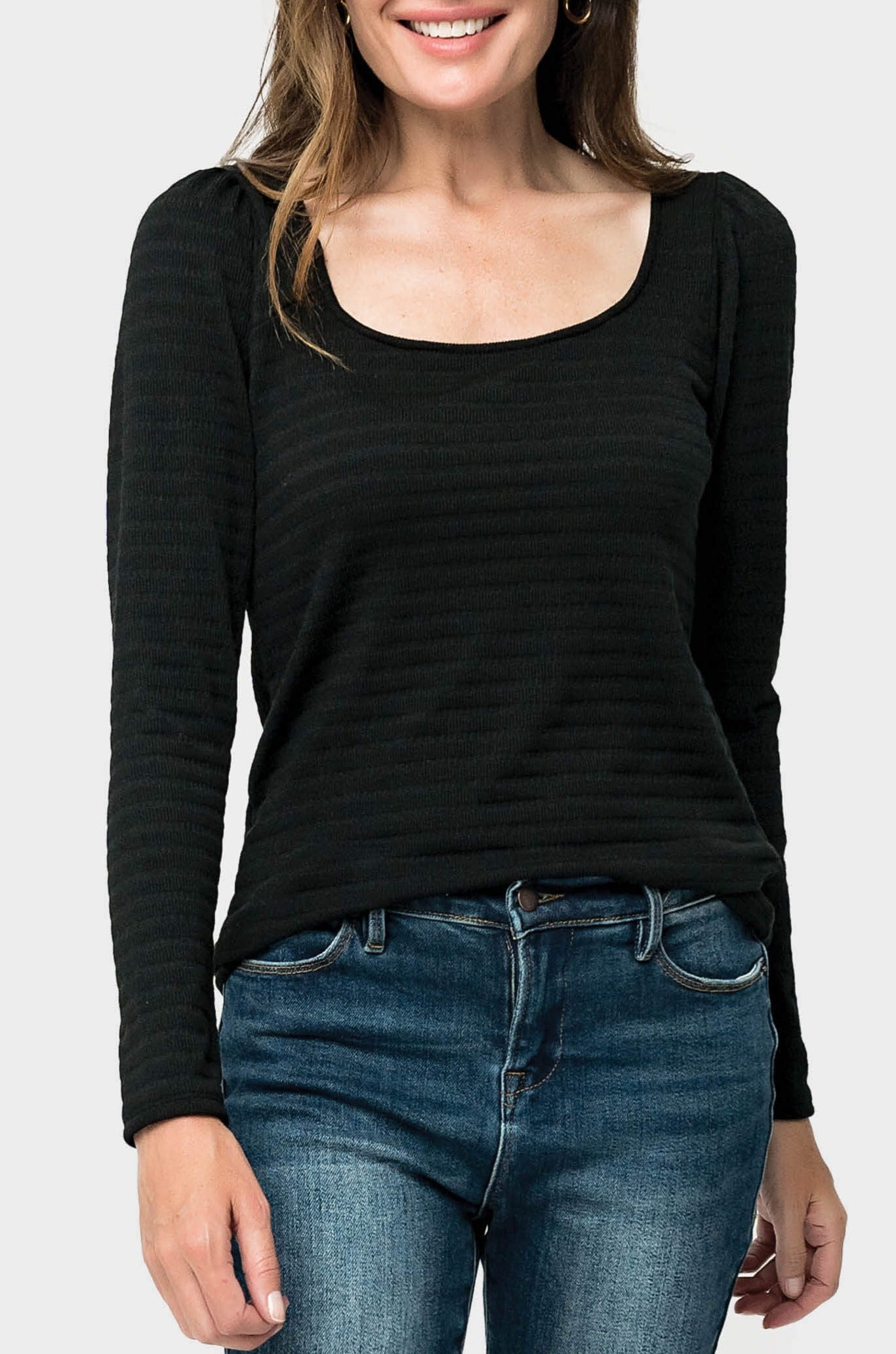 Juliette Square Neck Long Puff Sleeve Ribbed Tee - Black XS