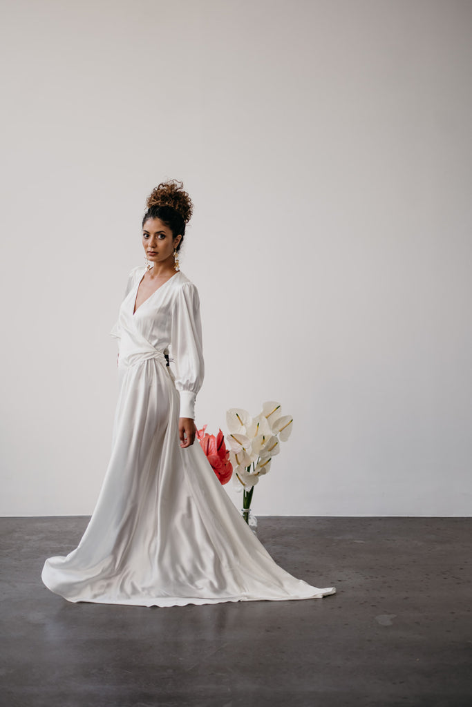Zoe Rowyn Bridal crossover silk wedding dress with puff sleeves 