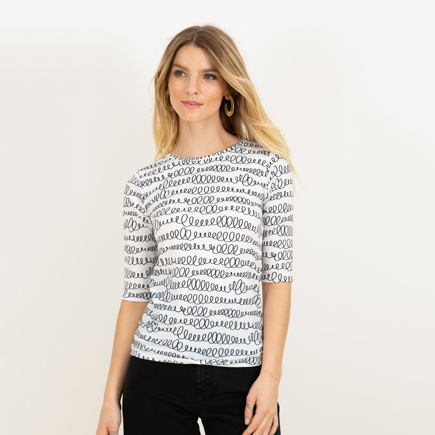 NEW! Pippa Elbow Sleeve Top in Black Spirals on White by AMB Designs