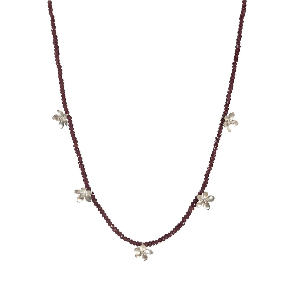 NEW! 5-Mini Apple Blossoms on Garnet Bead Necklace by EAM