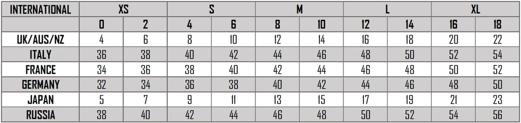 WOMEN SIZE GUIDE - INCHES – Finest Leathers