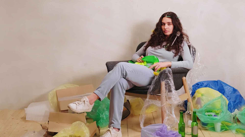 a person sitting among plastic bags and wrapping