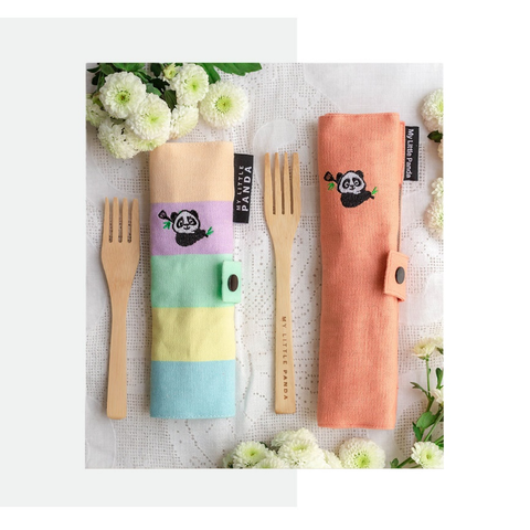 Bamboo cutlery sets for kids in different colours.