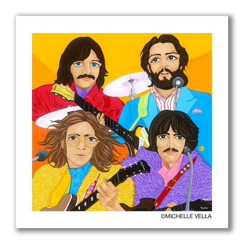Pop art portrait painting of The Beatles playing guitars and drums at their Get Back rooftop concert. Portraying John Lennon, Paul McCartney, George Harrison and Ringo Starr in bright bold colors