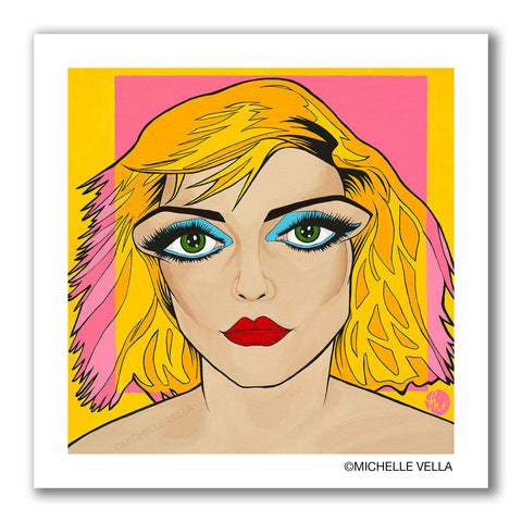 Pop art portrait painting of singer Deborah Harry of the band Blondie, painted with big eyes in an Andy Warhol style, yellow and pink colors with blue eyeshadow