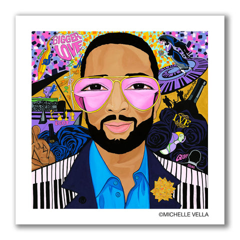 Pop art portrait painting of EGOT winner John Legend with big eyes wearing gold aviator sunglasses with a pink lens. A piano keys jacket and LVE wine and roses in the colorful background.