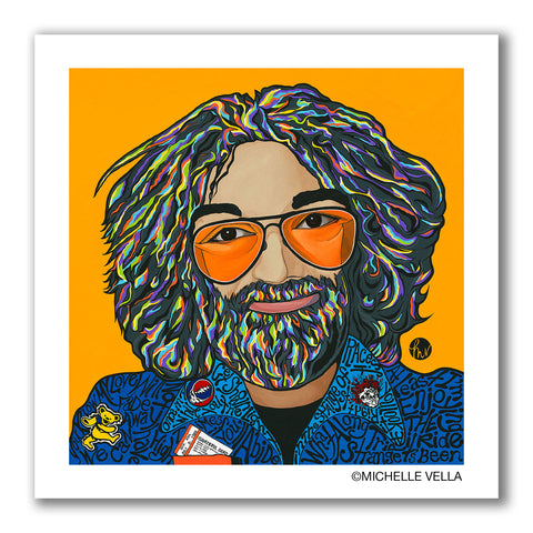 Pop art portrait painting of psychedelic singer Jerry Garcia of the Grateful Dead, painted with big eyes wearing orange lens aviator sunglasses and multi-coloured hair and beard on an orange-yellow background  Edit alt text