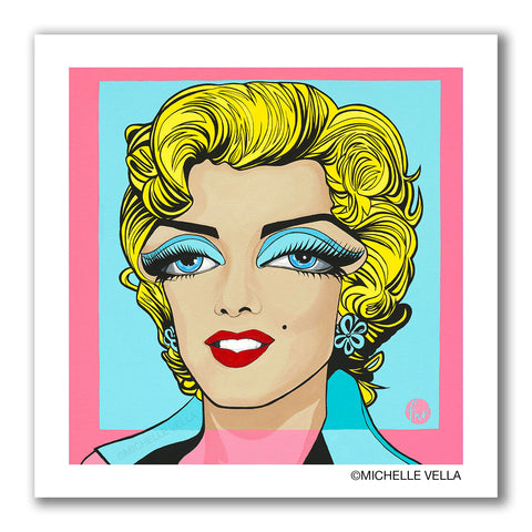 Pop art portrait painting of actor Marilyn Monroe in the style of Andy Warhol, with bright yellow hair, big eyes with blue eye shadow and blue background with a pink square.