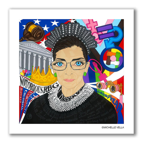 Pop art portrait painting of The Notorious RBG, Ruth Bader Ginsberg with big eyes, wearing wire rimmed glasses, and I Dissent collar on a colorful background with symbols of equality, Supreme Court, opera, and pride flag