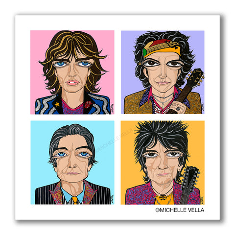 Pop art portrait painting of The Rolling Stones, 4 individual colorful portrait squares of each Band member, Mick Jagger, Keith Richards, Charlie Watts and Ronnie Woods, with colorful clothing and different color backgrounds