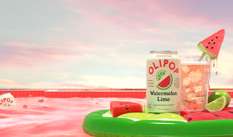 OLIPOP Watermelon Lime Can on top of a watermelon floatie