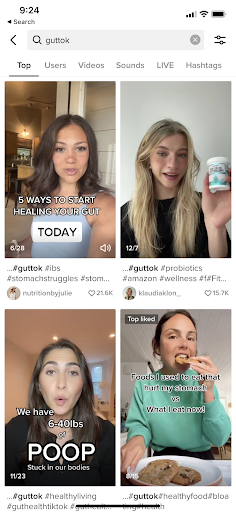 Four thumnbails of tik tok creators talking about gut health