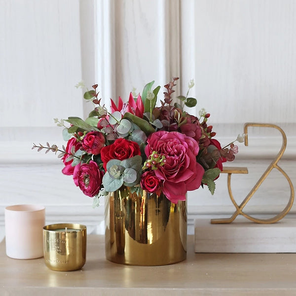 Red Pink Rose Protea Mixed Flower and Greenery in Metal Gold Vase
