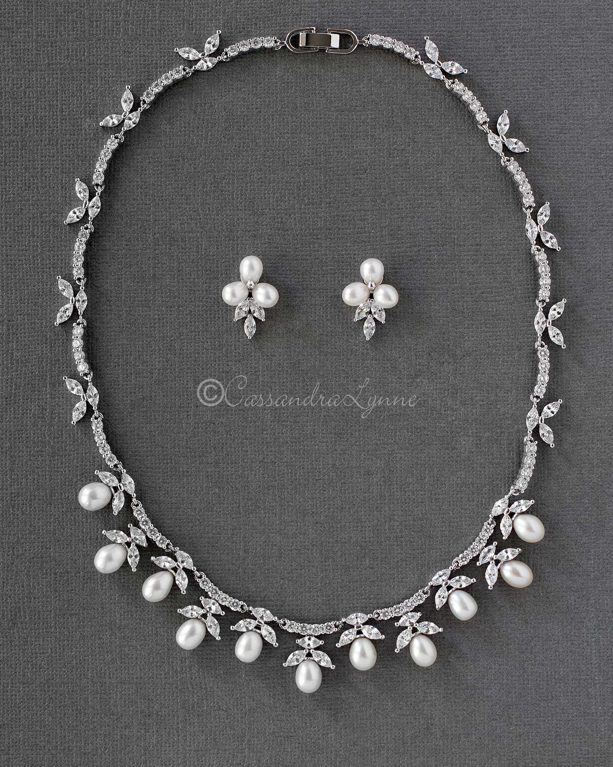 Bridal Necklace And Earrings Set With Pearl Drops Cassandra Lynne 7987