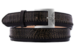 Mens Black Crocodile Belly Print Leather Cowboy Belt Silver Buckle - #120_2