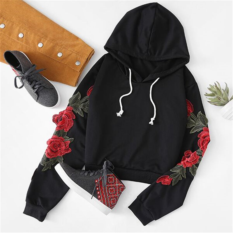 embroidered rose applique sleeve hoodie