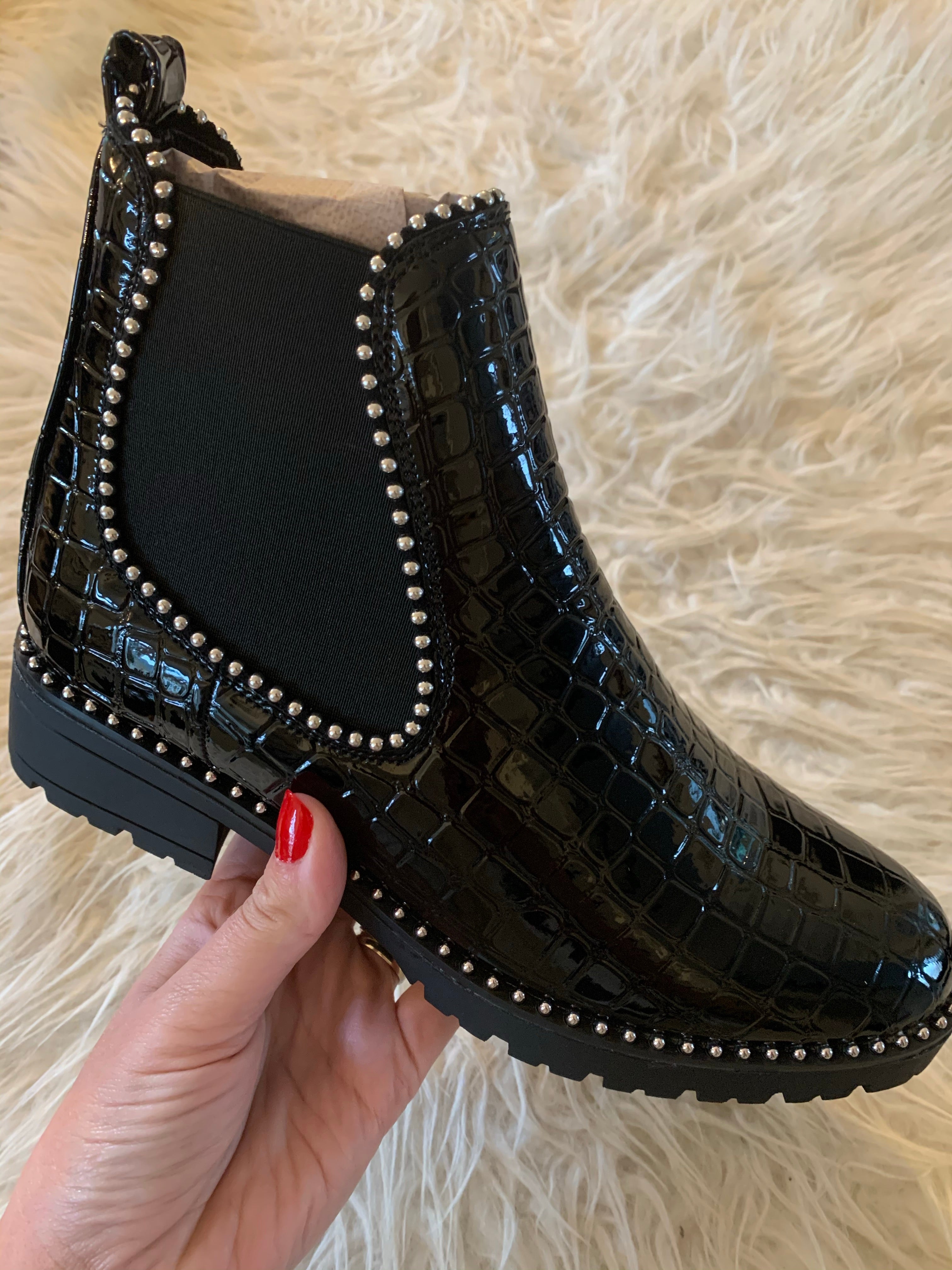 black patent studded boots
