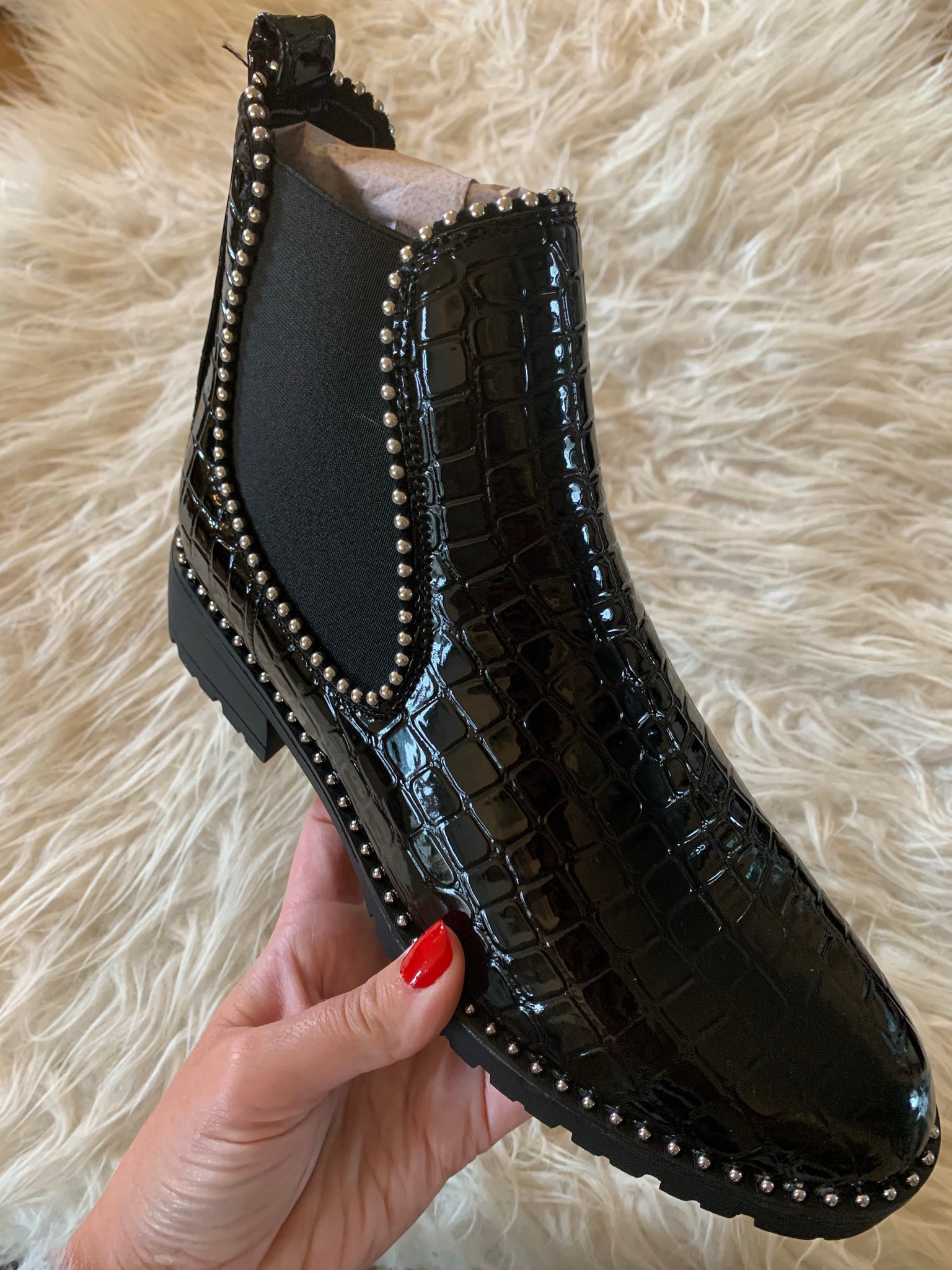 black patent studded boots