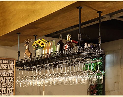 Ceiling Mounted Wine Bar Wall Rack Hanging Glass Rack Hanging Bottle Holder Adjustable Metal Industrial Style Color Black Size 120cm 35cm
