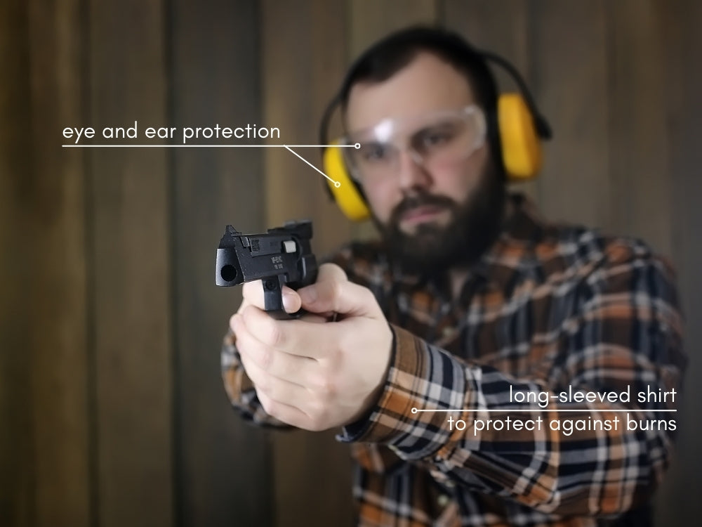 ear and eye protection, long-sleeve shirt at the gun range