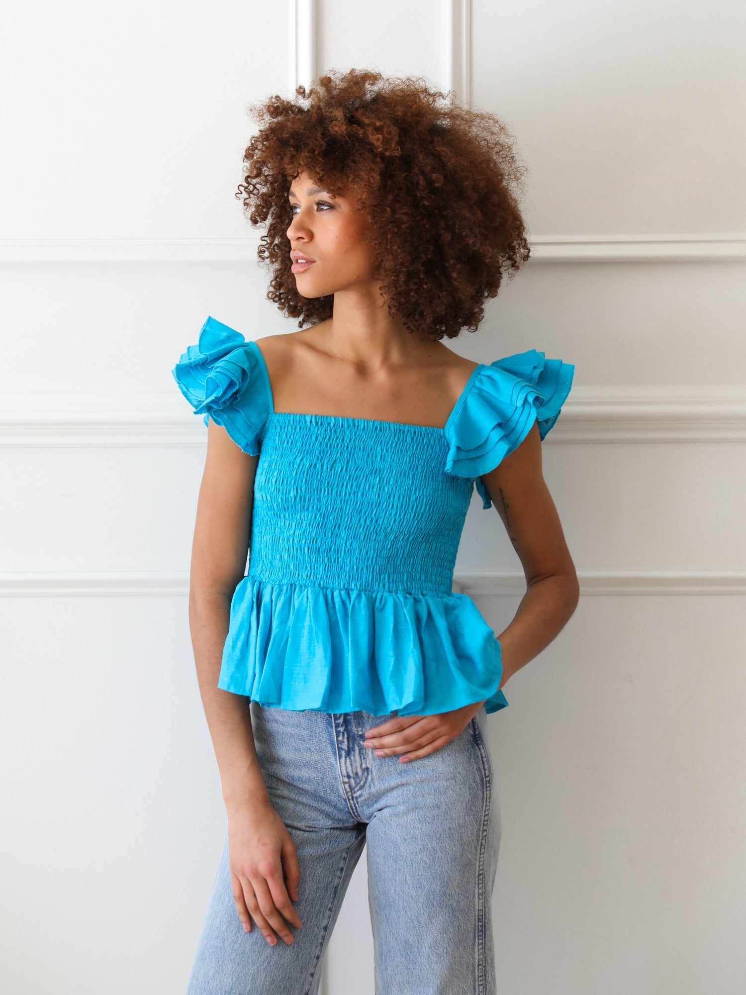 Athena Top in Aqua Linen