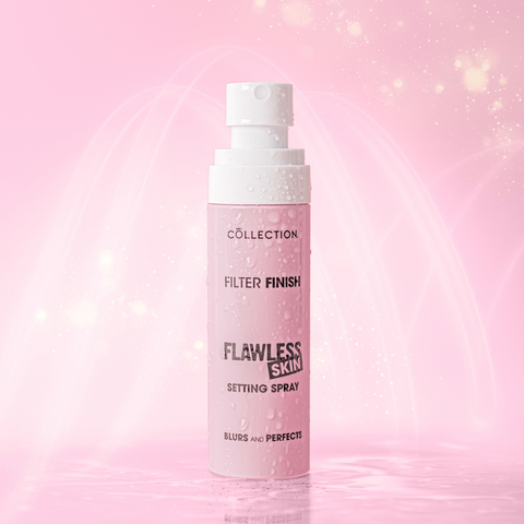 Filter Finish Flawless Skin Setting Spray in pink bottle on pink sparkly background