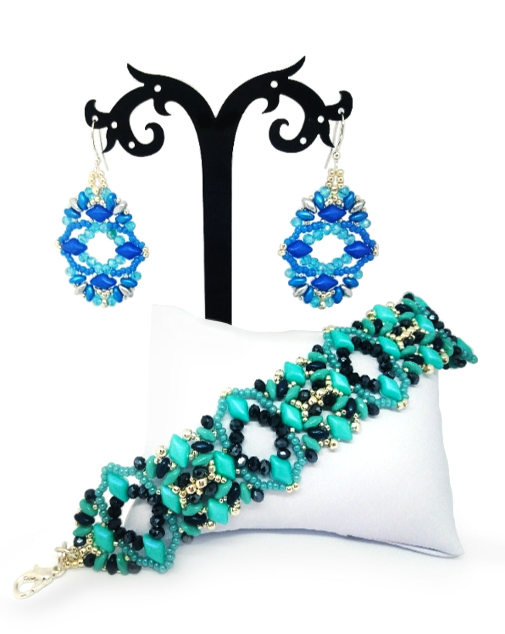 earring & bracelet tutorial Gemduo diamond SuperDuo glass beads free