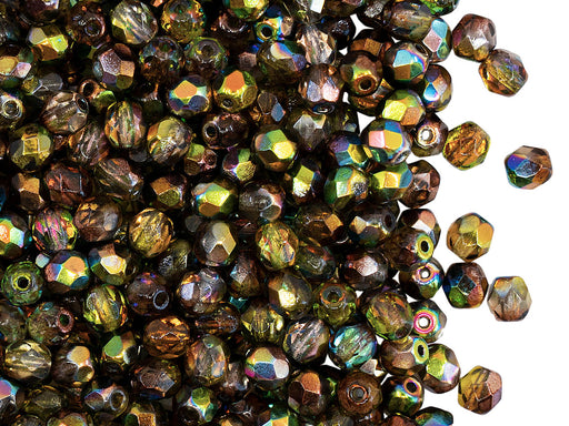 100 pcs Fire Polished Faceted Beads Round, 4mm, Magic Yellow Brown, Czech Glass