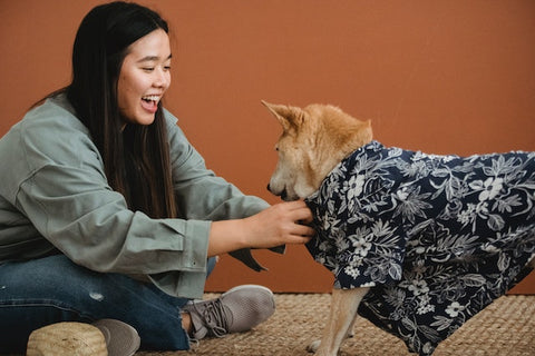 happy woman putting a small jacket on her dog