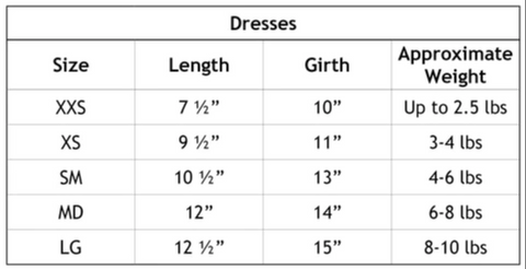 Endless Love Dog Dress Size Chart