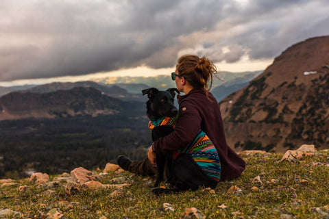 A woman familiar with the safety precautions when hiking with your dog and her happy pet
