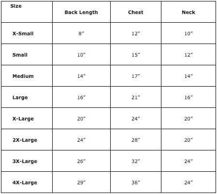 Soft Plush Pullover size chart for dogs