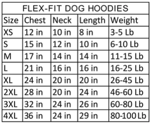 Flex-Fit Dog Hoodie Size Chart