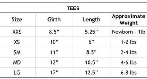 Sizing Chart for dog tee