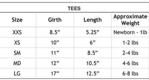 TImeless Dog Tee Sizing Chart