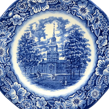 A dinner plate with the Independence Hall pattern