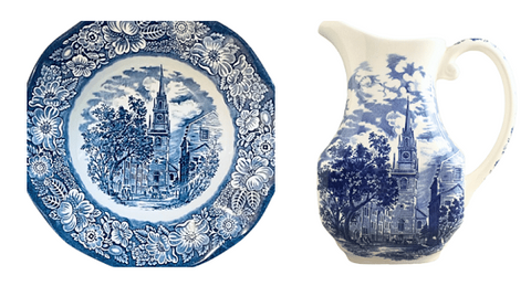 The Old North Church pattern on a soup bowl, pitcher & small plate