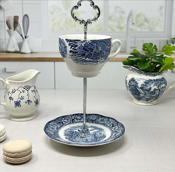 The Brooklyn Teacup’s Courtly Snack Stand featuring a Liberty Blue teacup and saucer