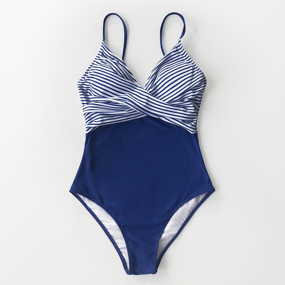 Ocean Blue and Stripe V-neck One-Piece Swimsuit - CUTECOCO Swimwear Ltd