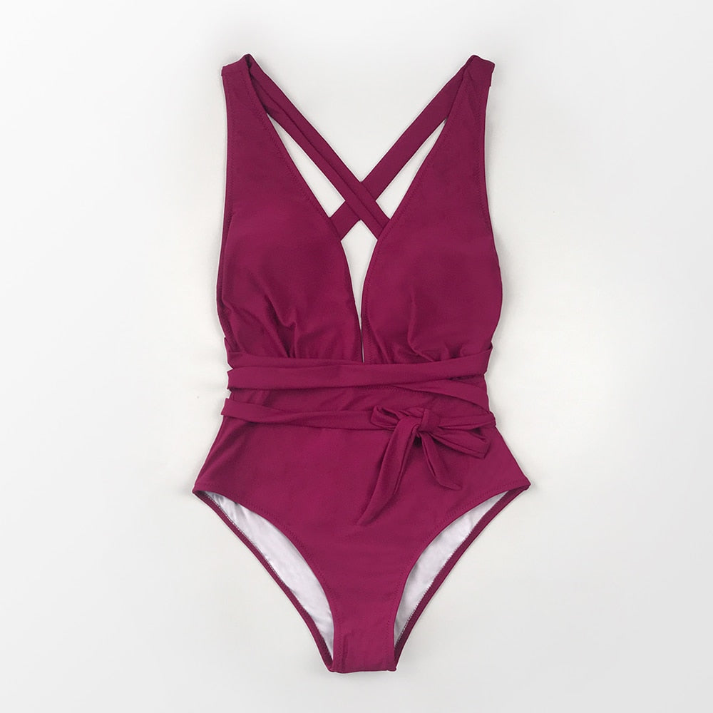 Red Deep V-neck Lace Up One-Piece Swimsuit - CUTECOCO Swimwear Ltd