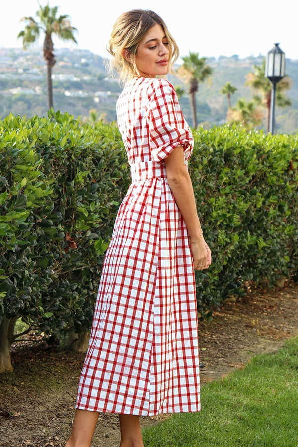 Red And White Gingham Puff Sleeve Midi Evening Party Dress - CUTECOCO