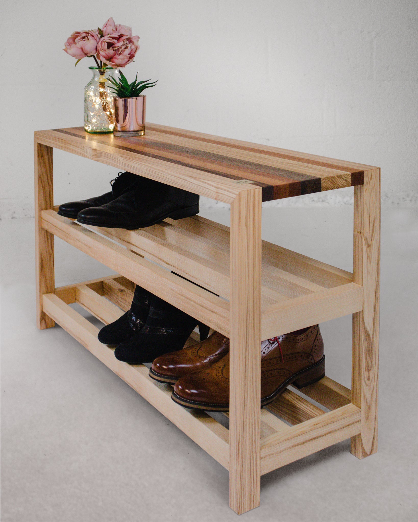Contemporary Wooden Shoe Rack and Bench - Ash & Co. Workshops