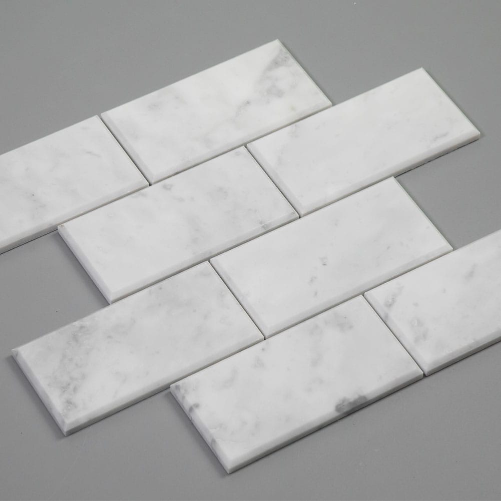 Carrara White Marble Beveled Polished Brick Mosaic Tile | Diflart